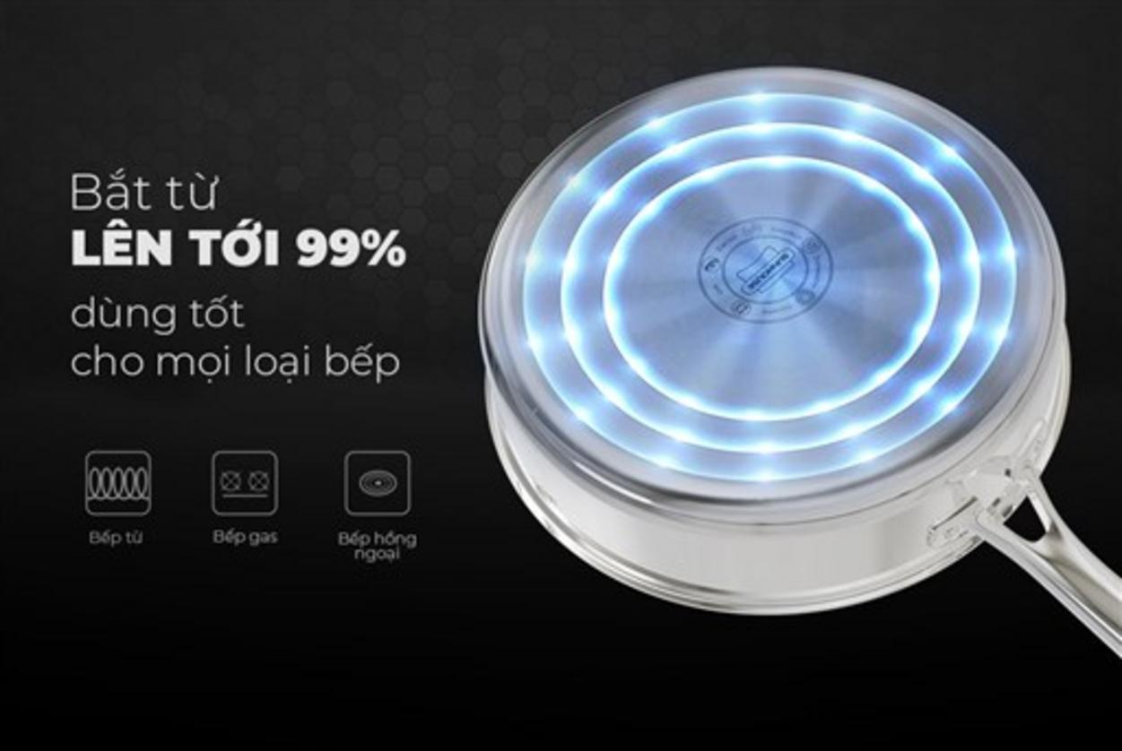 Đáy từ và tay cầm inox: tương thích bếp từ và an toàn khi cầm nắm.