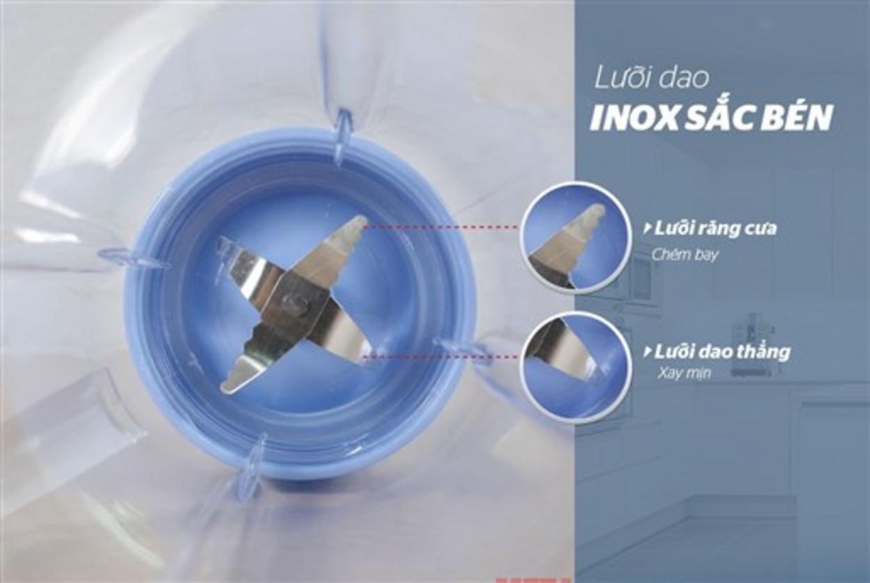 Lưỡi dao inox — xay mịn, lâu mòn, dễ vệ sinh.