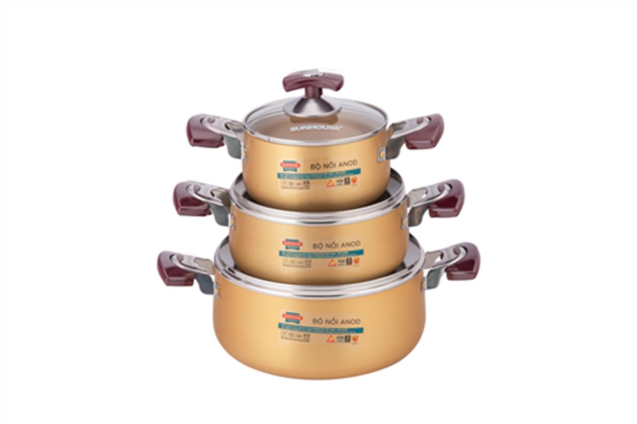 Bộ nồi Anod Sunhouse SH6634 (16-20-24 cm) — sáng bóng, sang trọng, phù hợp gian bếp gia đình.
