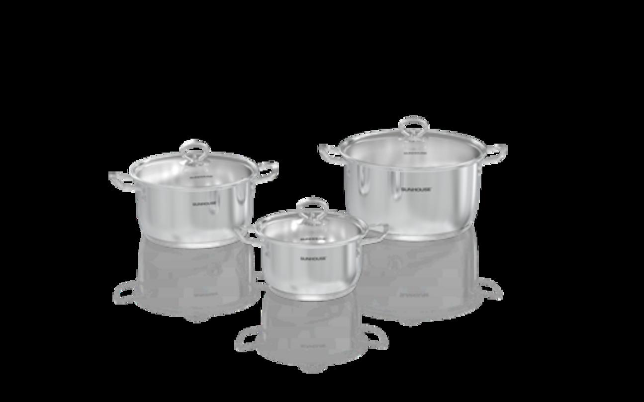 Bộ nồi inox 5 đáy Sunhouse SHG788 — sang trọng, nấu nhanh, dùng cho bếp từ.