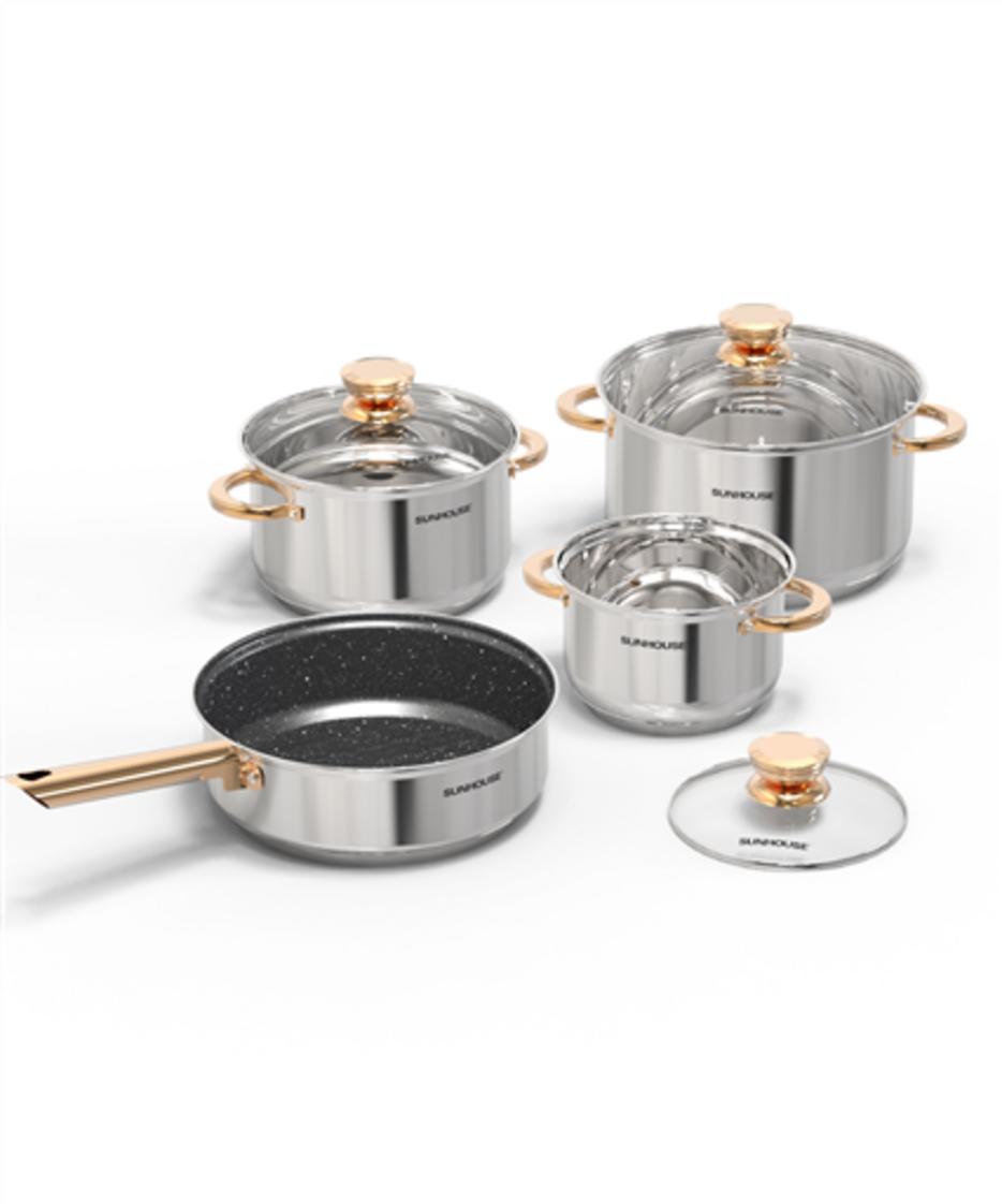 Bộ nồi chảo inox 5 đáy Sunhouse SHG789 - đầy đủ 3 nồi + 1 chảo, thiết kế sang trọng, phù hợp bếp gia đình.