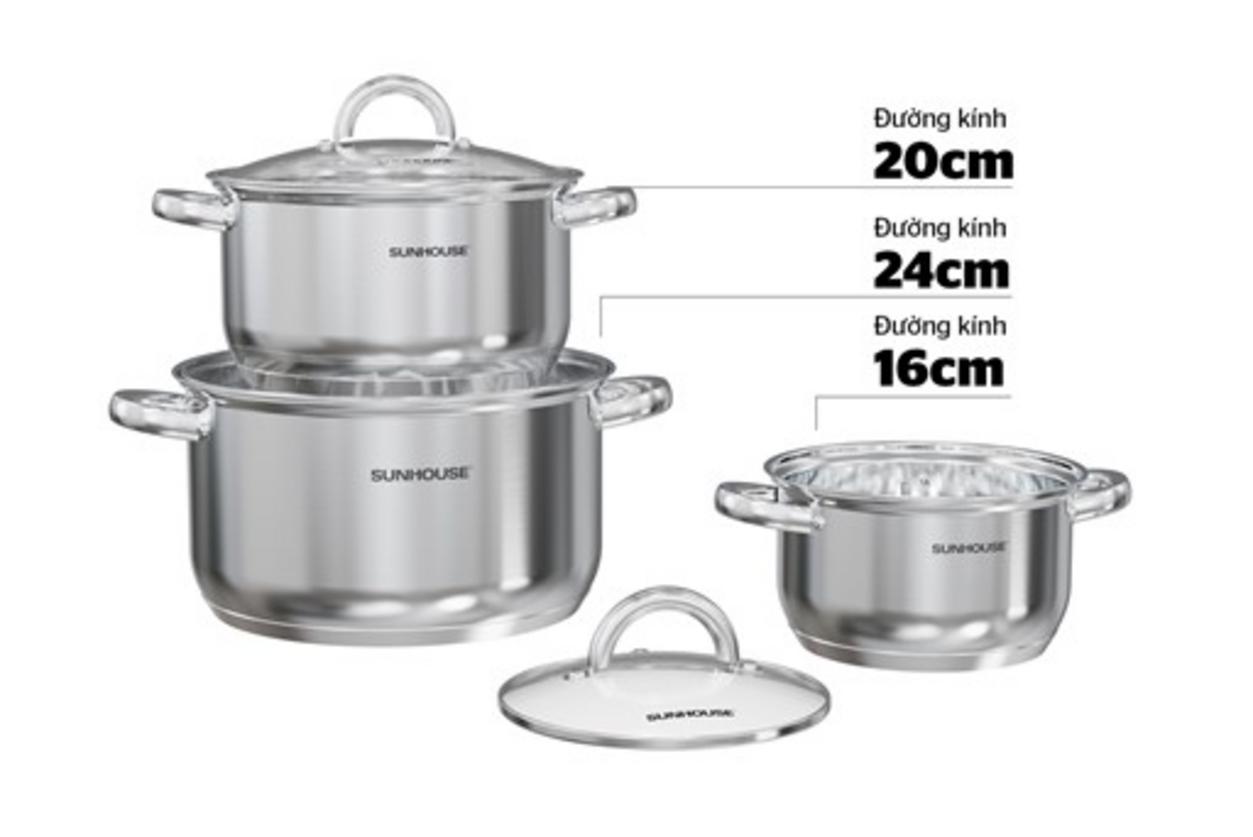 Bộ nồi inox 3 đáy Sunhouse SHG361 — 3 kích thước, đáy 3 lớp, vung kính, quai silicone.
