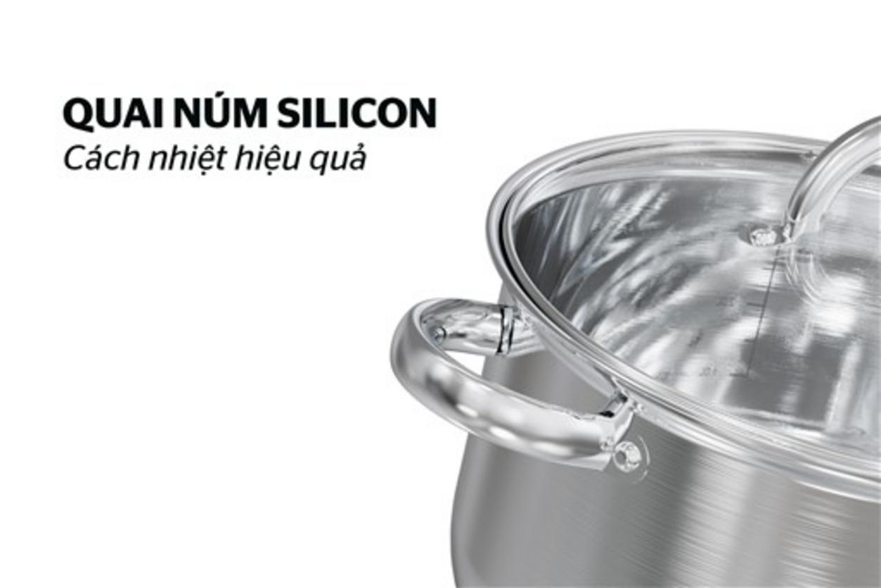 Bộ nồi inox 3 đáy Sunhouse SHG361 — 3 kích thước, đáy 3 lớp, vung kính, quai silicone.