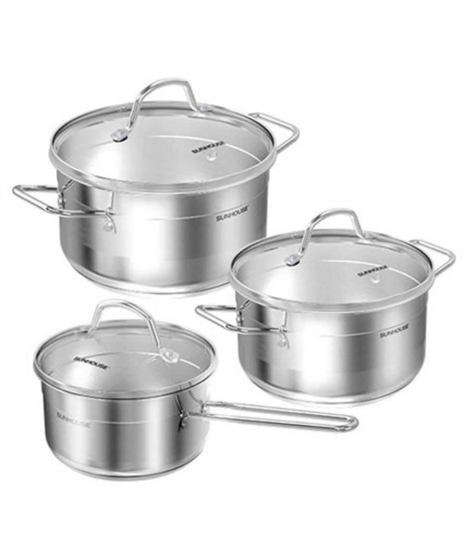 Bộ nồi inox 5 đáy Sunhouse SHG669 — bộ 3 món phù hợp cho gia đình 3–5 người.