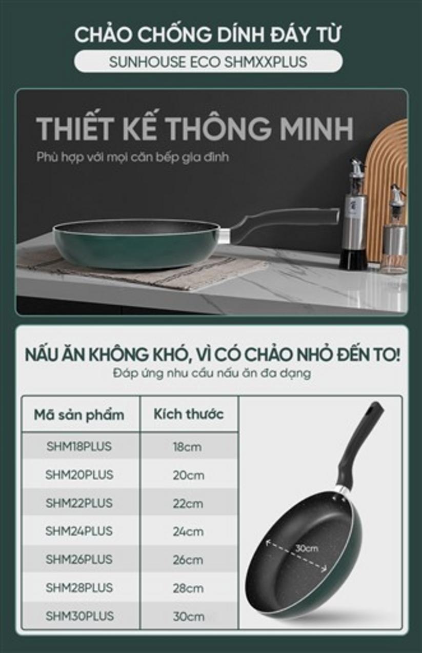Chảo Sunhouse Eco SHM24PLUS 24cm — chống dính vân đá, đáy inox tương thích bếp từ.