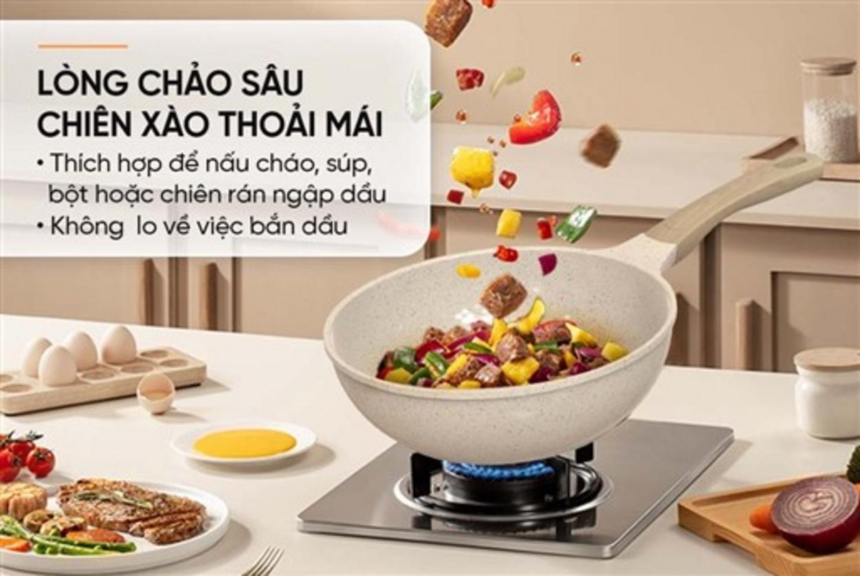 Chảo phủ sứ Sunhouse SBDS20MC 20cm — an toàn cho bếp từ, chống dính vân đá, lý tưởng cho bữa ăn gia đình.