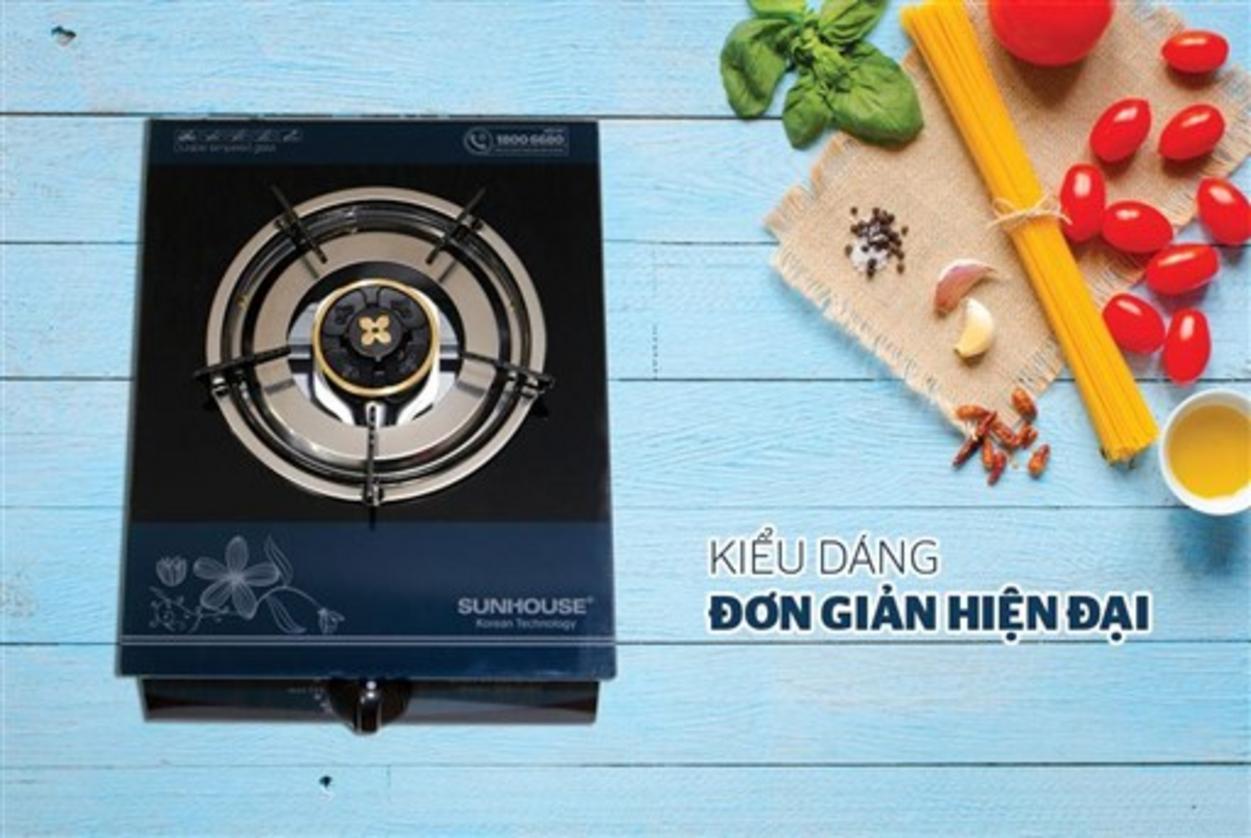 Bếp gas dương đơn SUNHOUSE SHB212KT — mặt kính sáng, đầu đốt đồng bền, phù hợp không gian nhỏ.