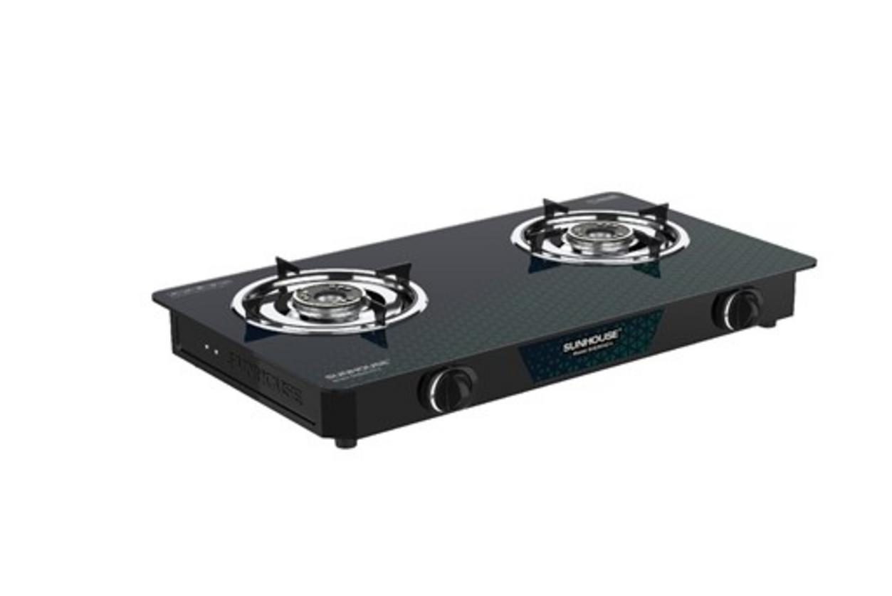 Bếp gas dương kính SUNHOUSE SHB31042-V — Mặt kính sang trọng, dễ lau chùi và hai vùng nấu linh hoạt.