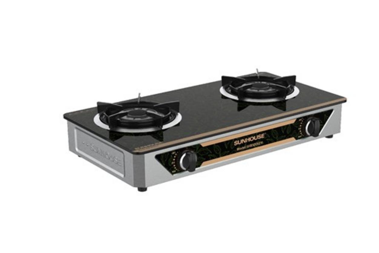 Bếp gas dương kính Sunhouse SHB32052-V — 2 lò, mặt kính chịu nhiệt, ngọn lửa xanh tiết kiệm gas.