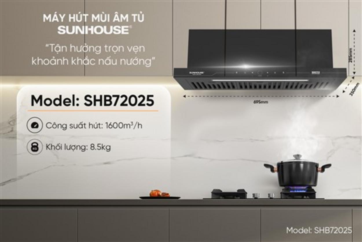 Sunhouse SHB72025 — âm tủ, thiết kế gọn, hút mạnh cho bếp gia đình.