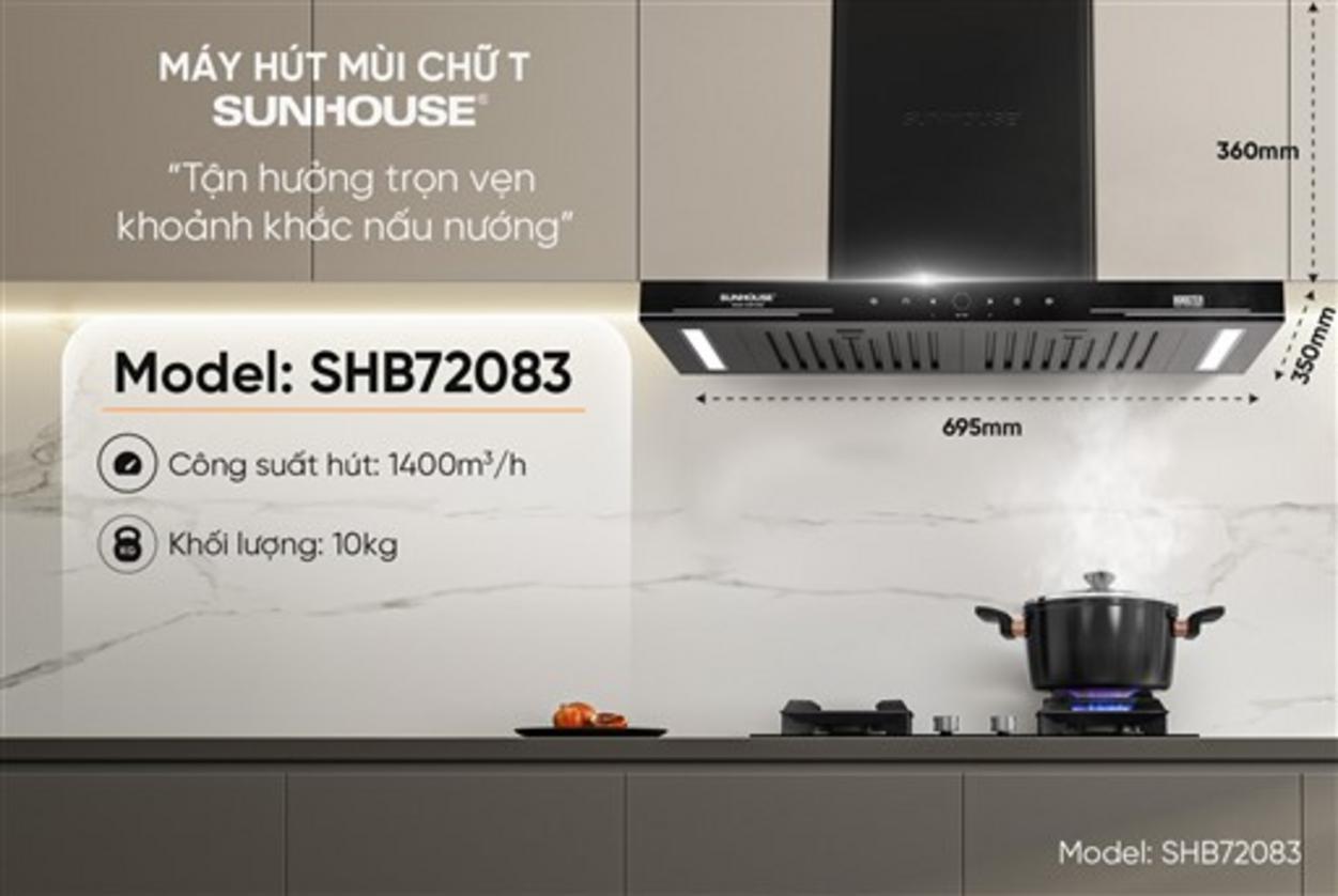 Máy hút mùi chữ T Sunhouse SHB72083 — thiết kế đen bóng, phù hợp bếp hiện đại.