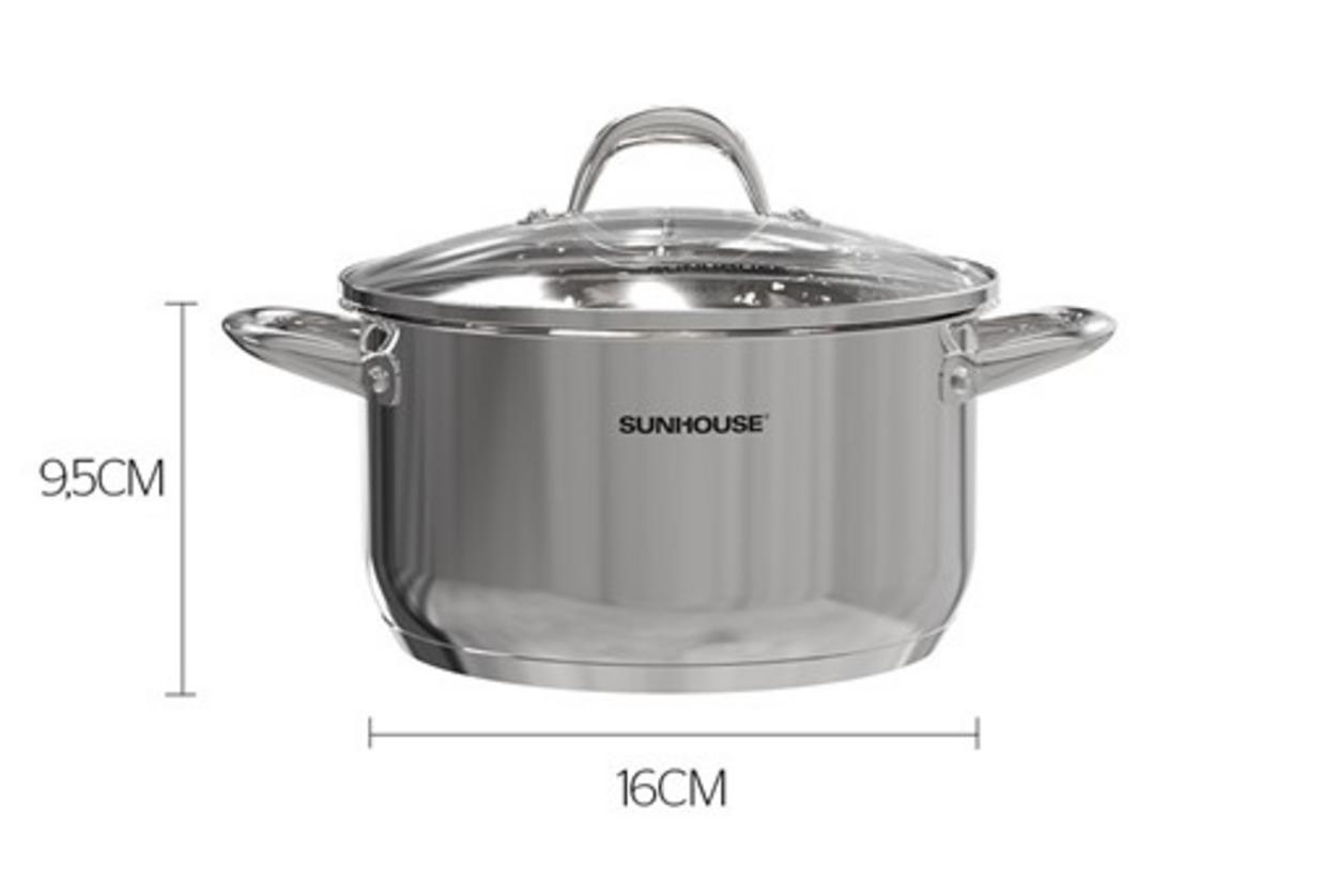 Nồi inox 3 đáy Sunhouse SHG301-16 — nhỏ gọn, nấu nhanh, dùng được trên bếp từ.