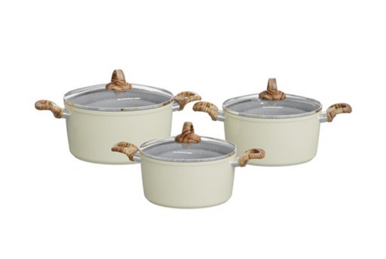 Bộ 3 nồi Sunhouse SHG7979MA: Ø18/20/24 cm, vung kính viền inox, sơn vàng phủ nhũ kỳ lân.