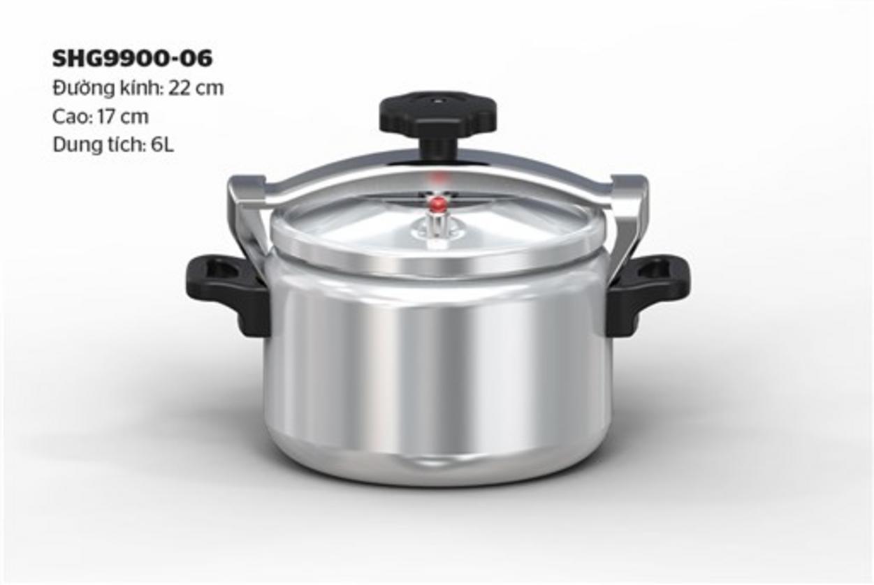 Nồi áp suất nhôm Sunhouse SHG9900-06 — trợ thủ nấu ăn nhanh, an toàn cho gia đình 4–6 người.