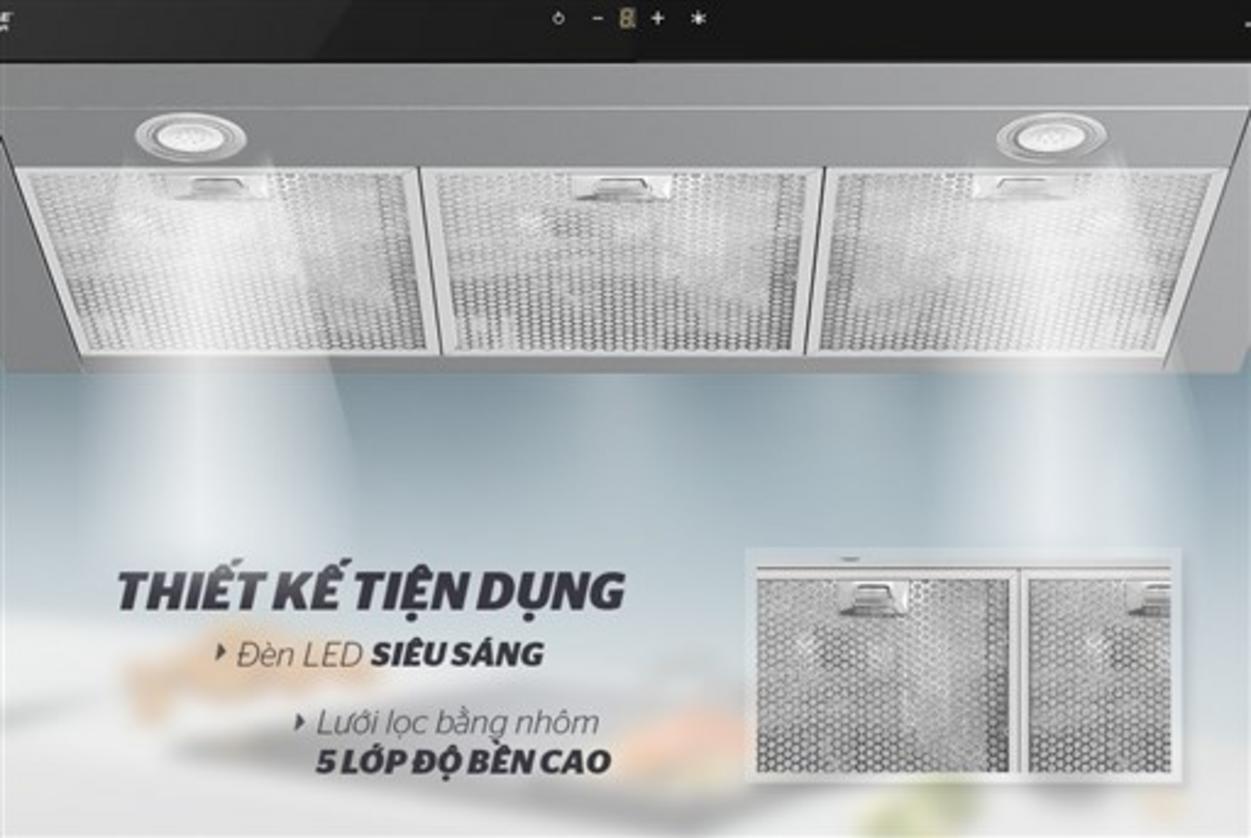 Inox + kính + lưới nhôm — dễ vệ sinh, bền.