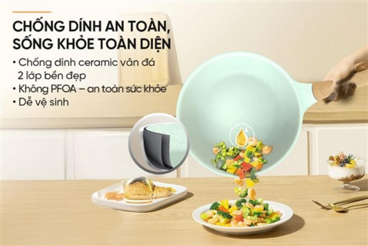 Lớp phủ ceramic 2 lớp — chống dính, an toàn, dễ vệ sinh.
