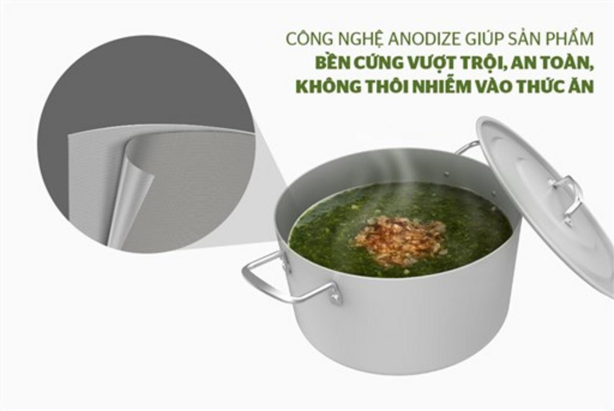 Bề mặt nhôm Anod cứng, chống mài mòn và an toàn thực phẩm.