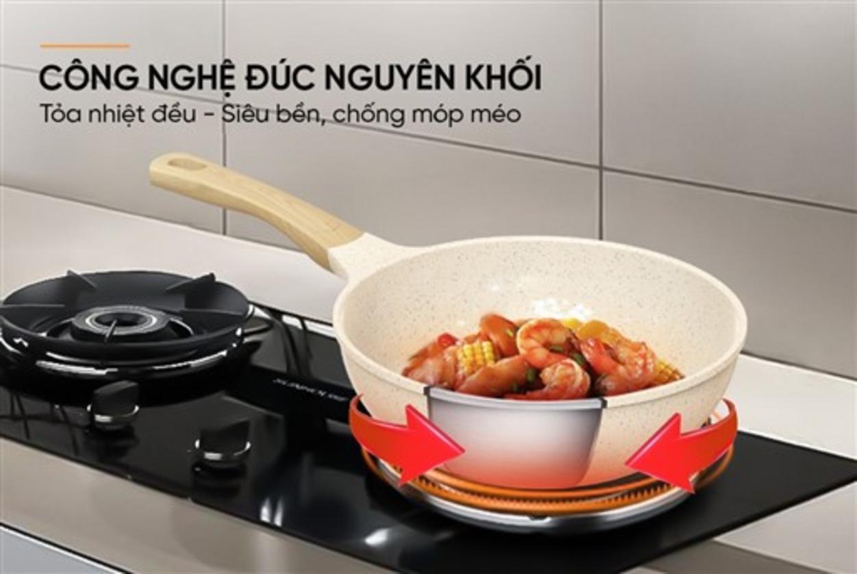 Nhôm đúc nguyên khối + đáy Inox 430: truyền nhiệt nhanh, dùng được cho bếp từ.