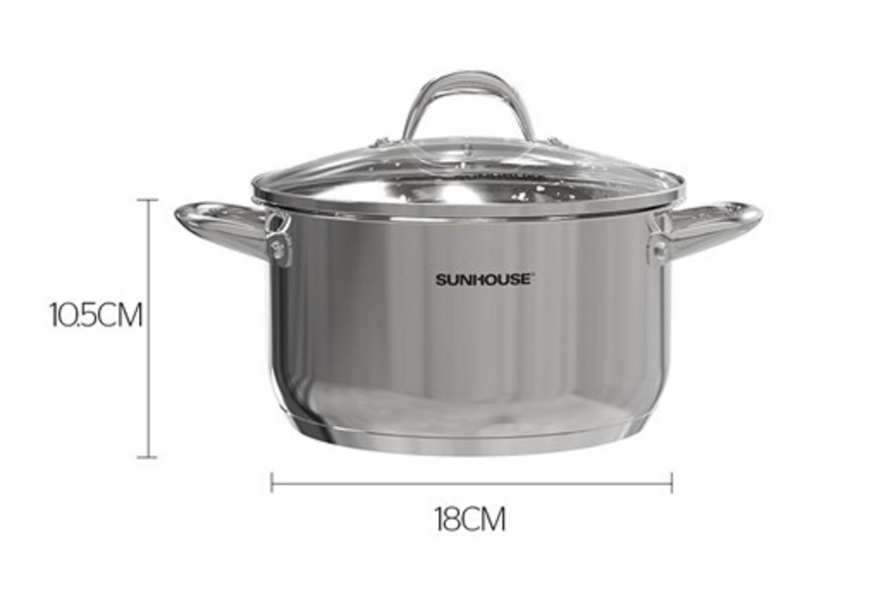 Nồi inox 3 đáy Sunhouse SHG301-18 — nhỏ gọn, nấu nhanh, dùng được cho bếp từ.