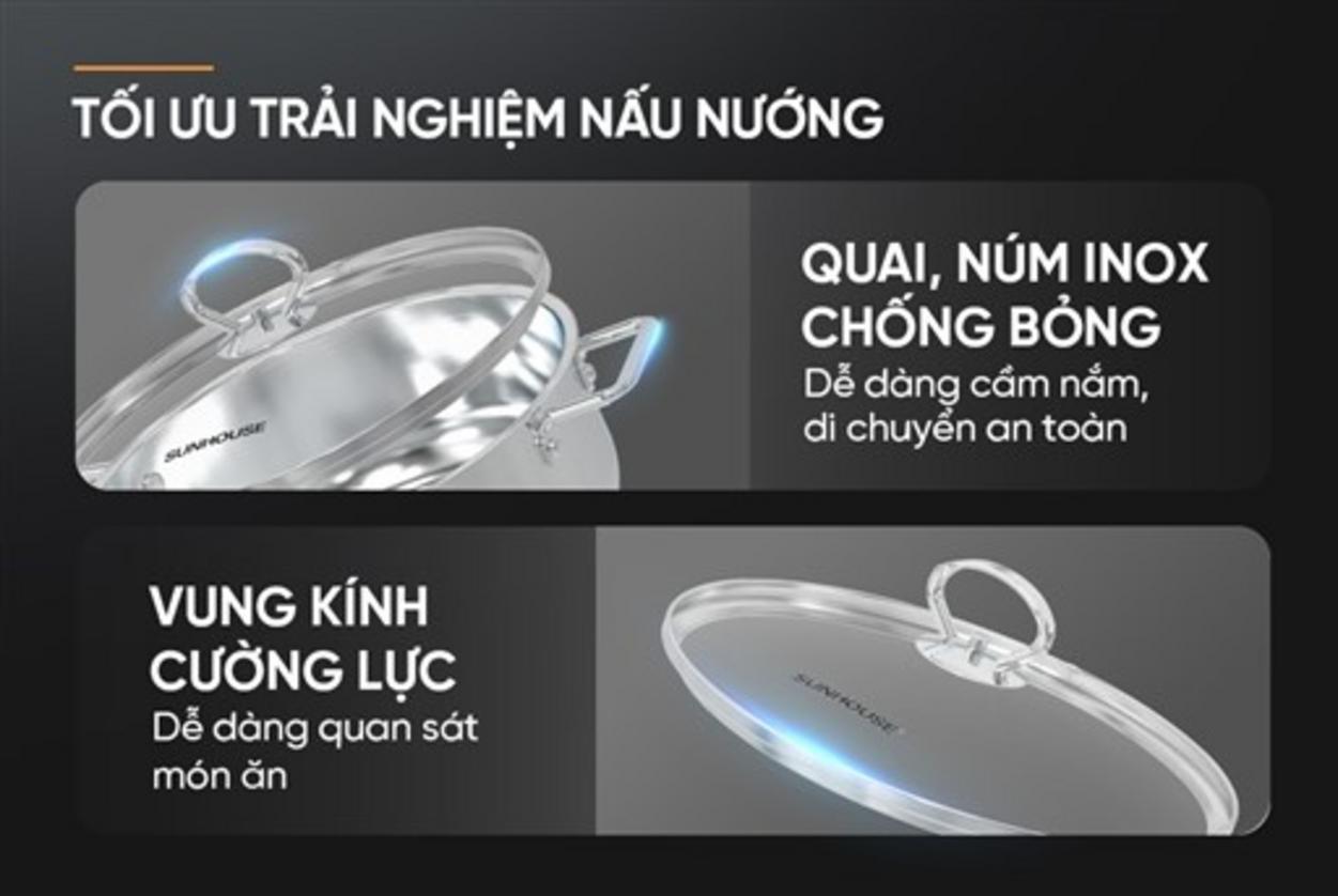 Vung kính cường lực & quai inox — tiện quan sát và an toàn.