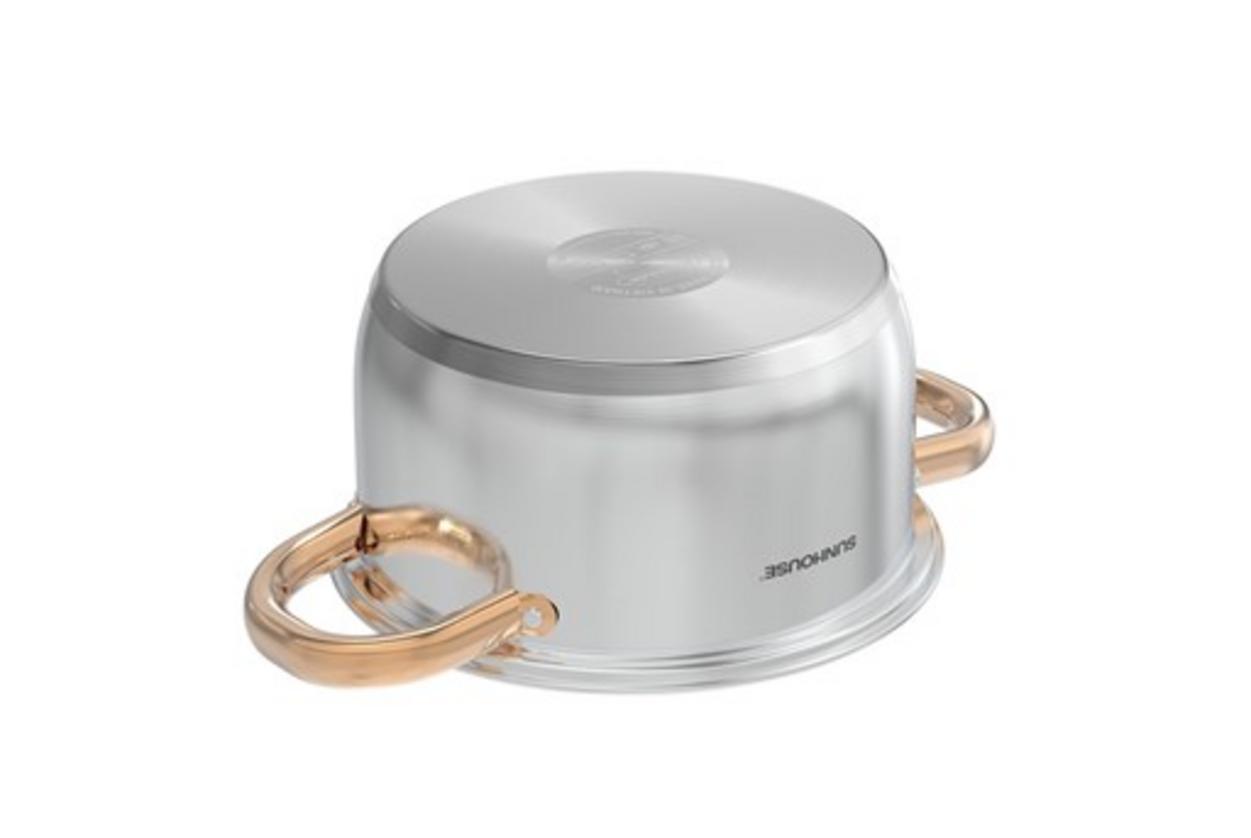 Vung kính cường lực và quai mạ vàng: quan sát dễ, cầm an toàn, tăng thẩm mỹ bếp.