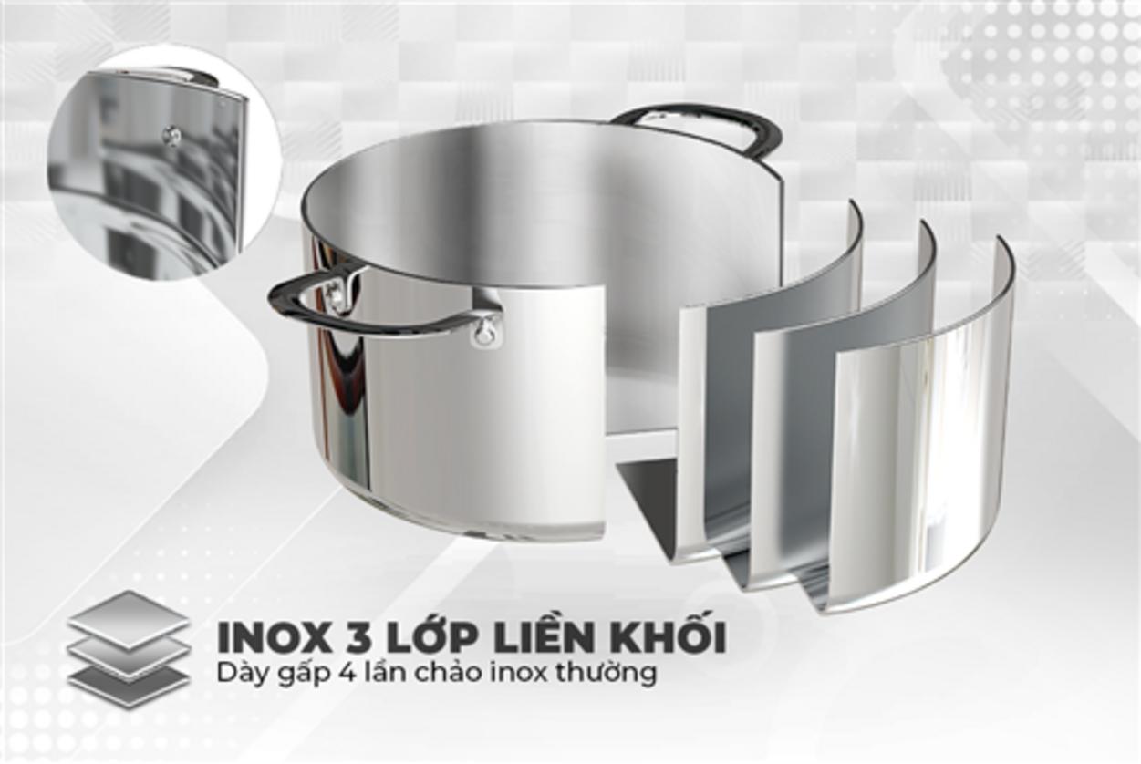 Vung kính cường lực viền inox và quai tán đinh bền bỉ.