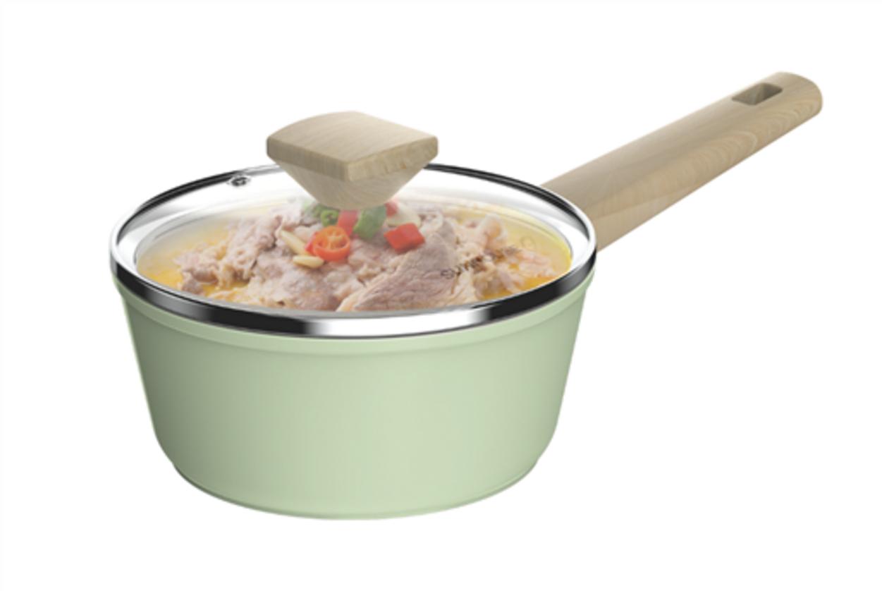 Vung kính cường lực & tay cầm Bakelite vân gỗ — an toàn và sang trọng.