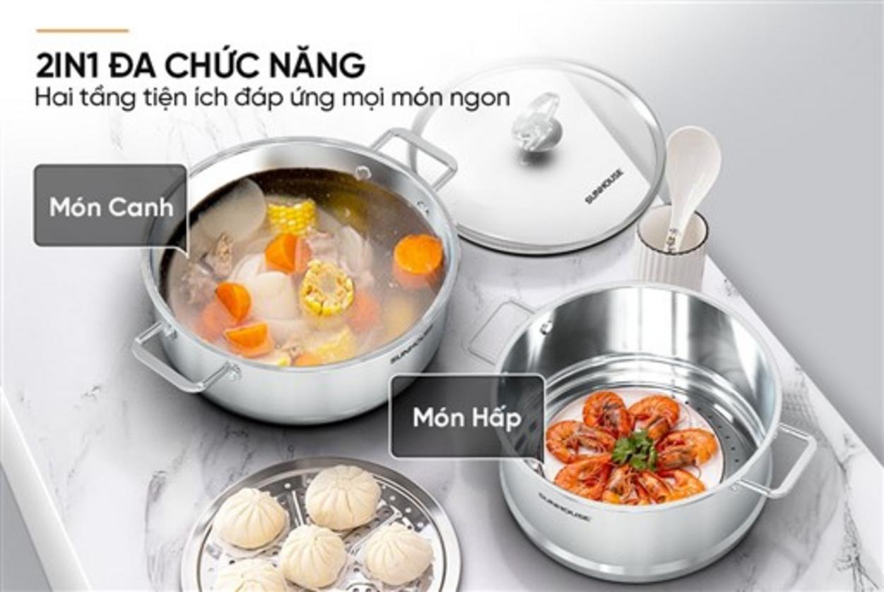 Xửng cao 240 mm — hấp nhiều món cùng lúc.