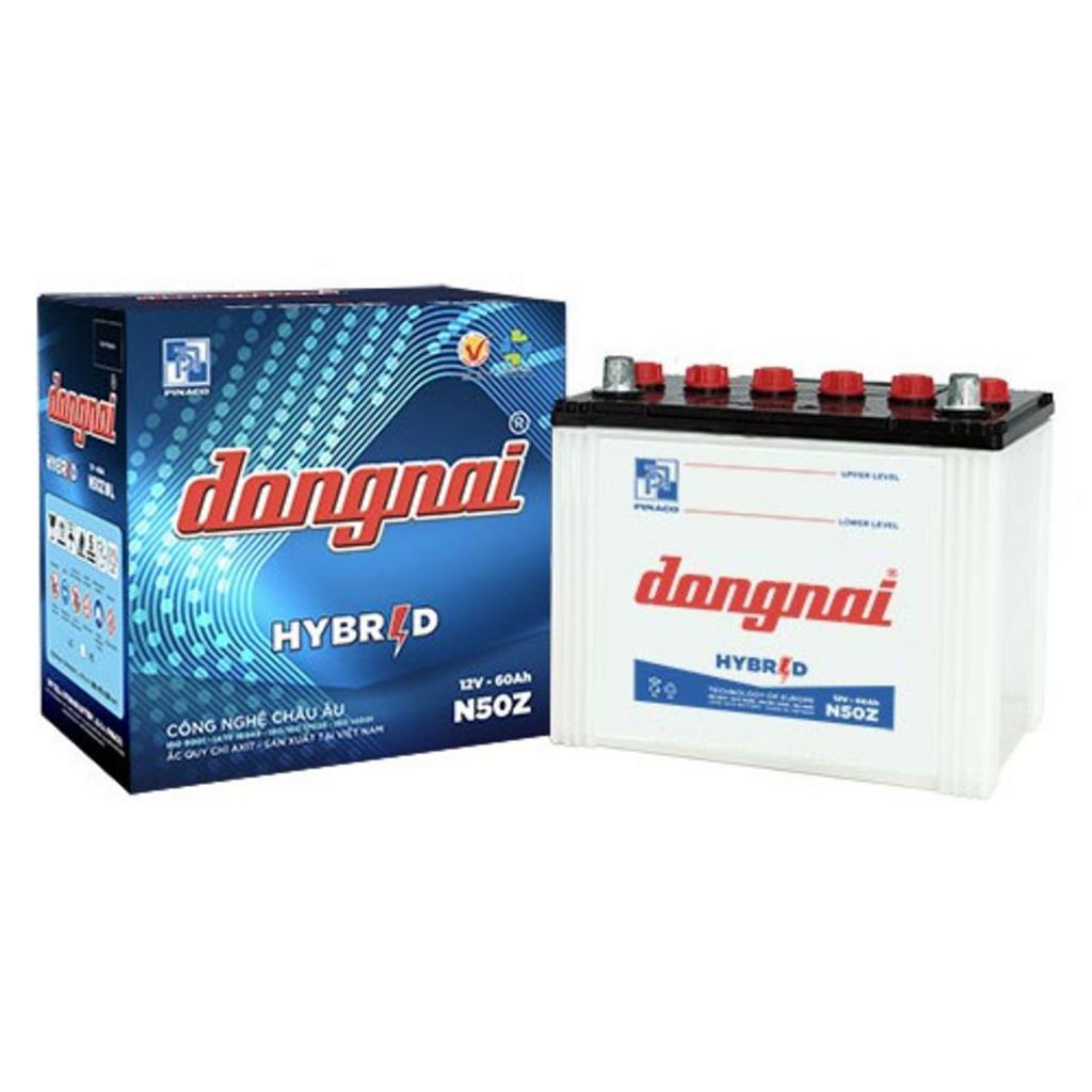 Hero image: Ắc quy Đồng Nai N50Z với tem Pinaco, thể hiện cọc R và kích thước chuẩn.