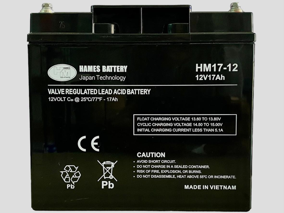 Ảnh thực tế Ắc quy Hames HM17-12 (12V/17Ah) — gọn nhẹ, dễ lắp đặt.