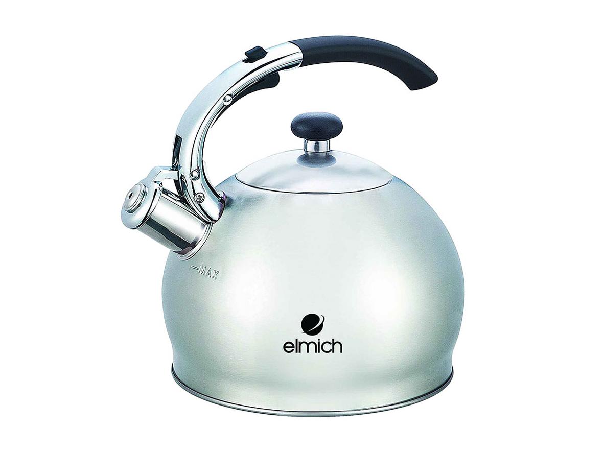 Ảnh sản phẩm chính: Ấm Elmich EL3373 (inox 304) trên bàn bếp, phóng to chi tiết đáy và vòi.