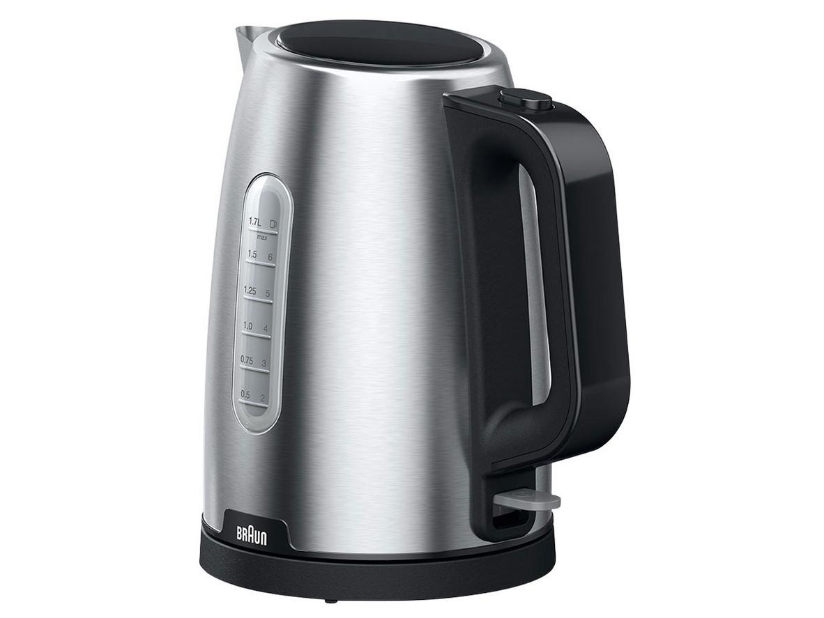 Hero image: Braun WK1500BK trên quầy bếp — inox, thang đo nước, đế xoay 360°.