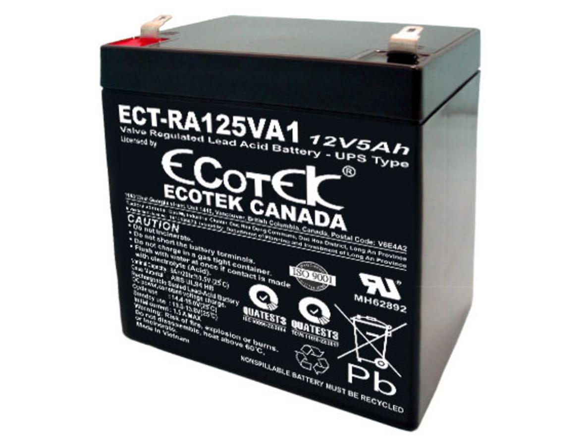 Ắc quy Ecotek ECT-RA125VA1 (12V, 5Ah) — nhỏ gọn, lắp đặt dễ dàng trong UPS.
