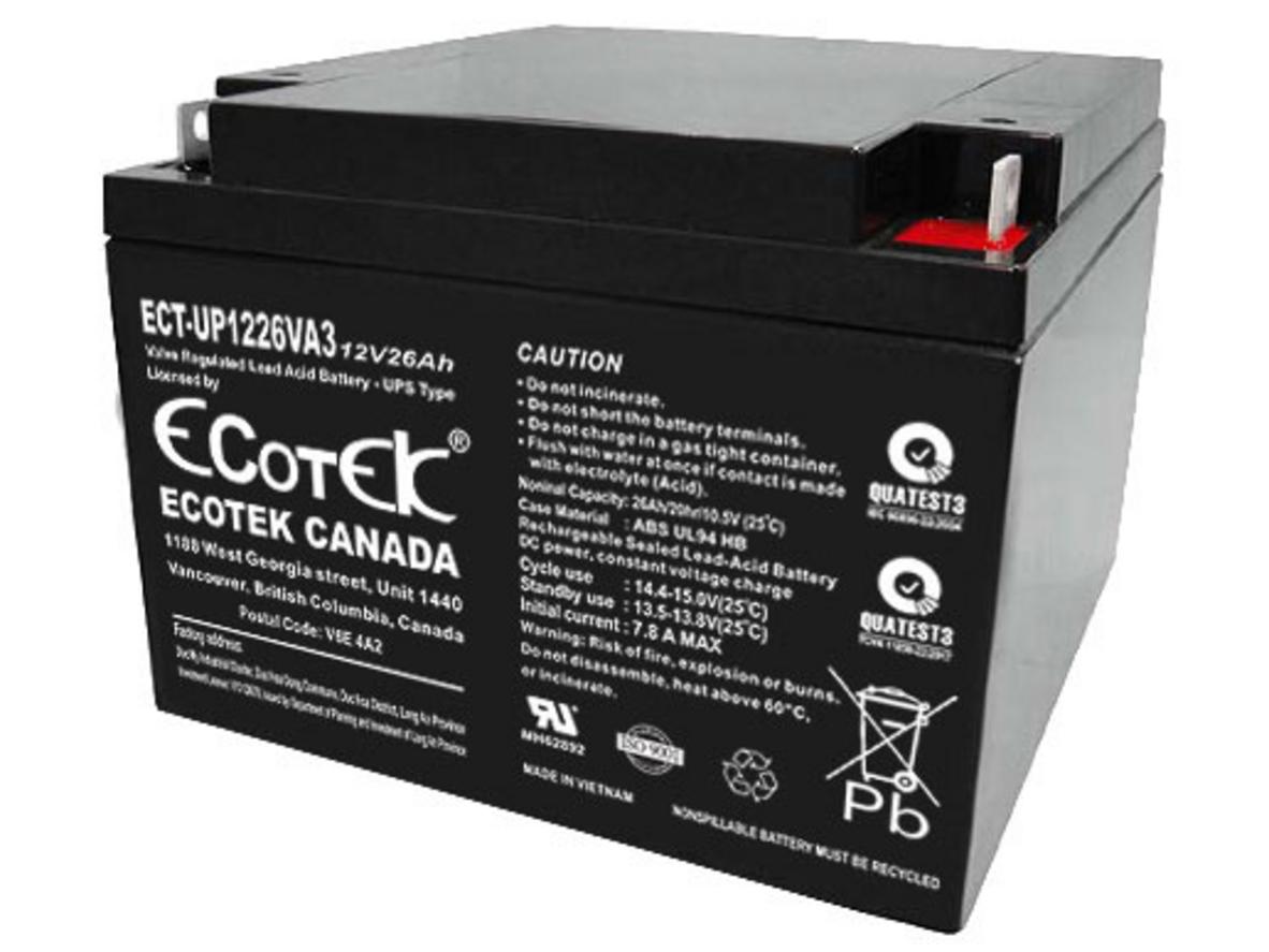 Ảnh thực tế Ắc quy Ecotek ECT-UP1226VA3 — góc nhìn 3/4, tem & nhãn rõ ràng.