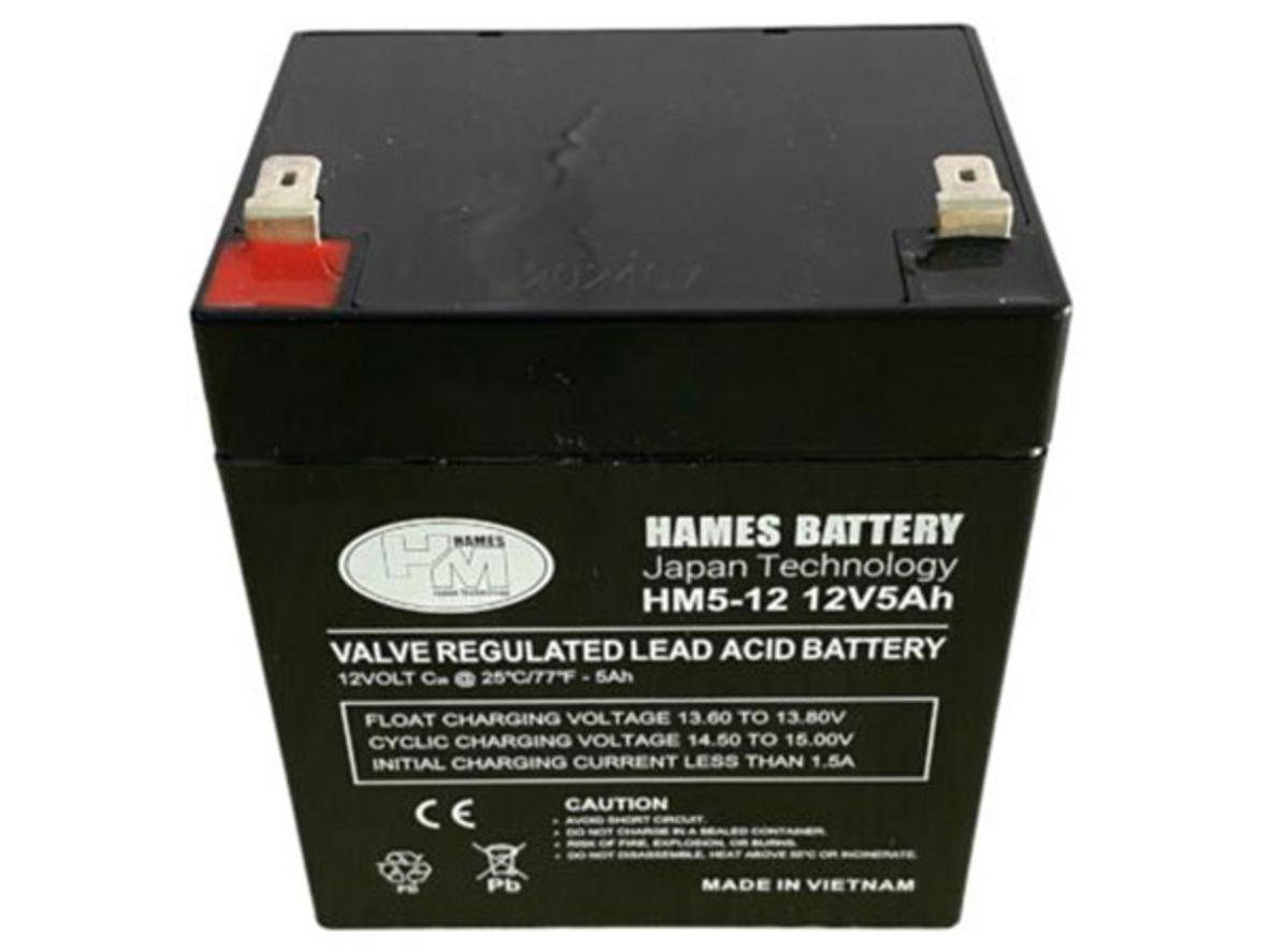 Hames HM5-12 — Ắc quy AGM 12V 5Ah nhỏ gọn, nguồn dự phòng tin cậy.