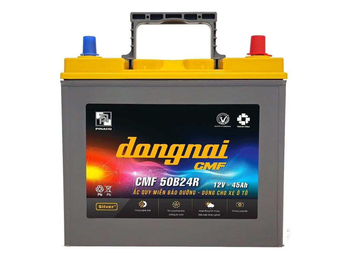 Ảnh thực tế Ắc quy Đồng Nai CMF 50B24R(S) — model, dung lượng và vị trí cọc rõ ràng.