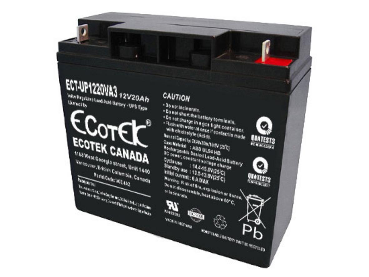 Ảnh thực tế Ắc quy Ecotek 12V-40Ah — nhìn rõ cọc Terminal F8 và nhãn sản phẩm.