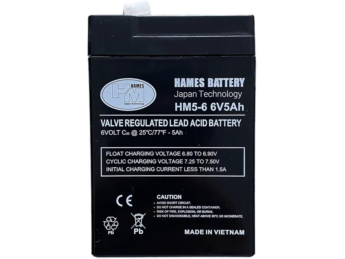 Hames HM5-6: 6V 5Ah AGM kín khí — nhỏ gọn, an toàn, phù hợp nhiều thiết bị.