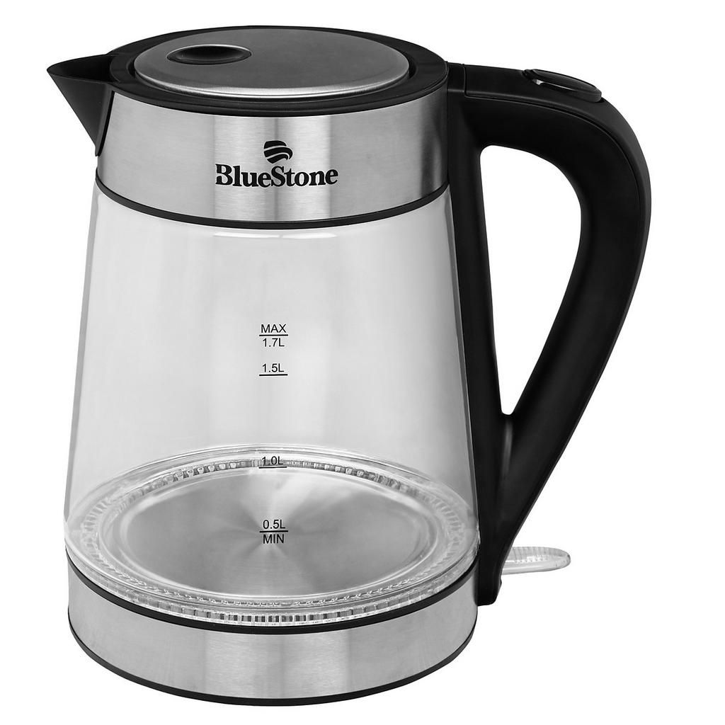Ấm đun nước thủy tinh Bluestone KTB-3426 trên mặt bếp — trong suốt, hiện đại và an toàn.