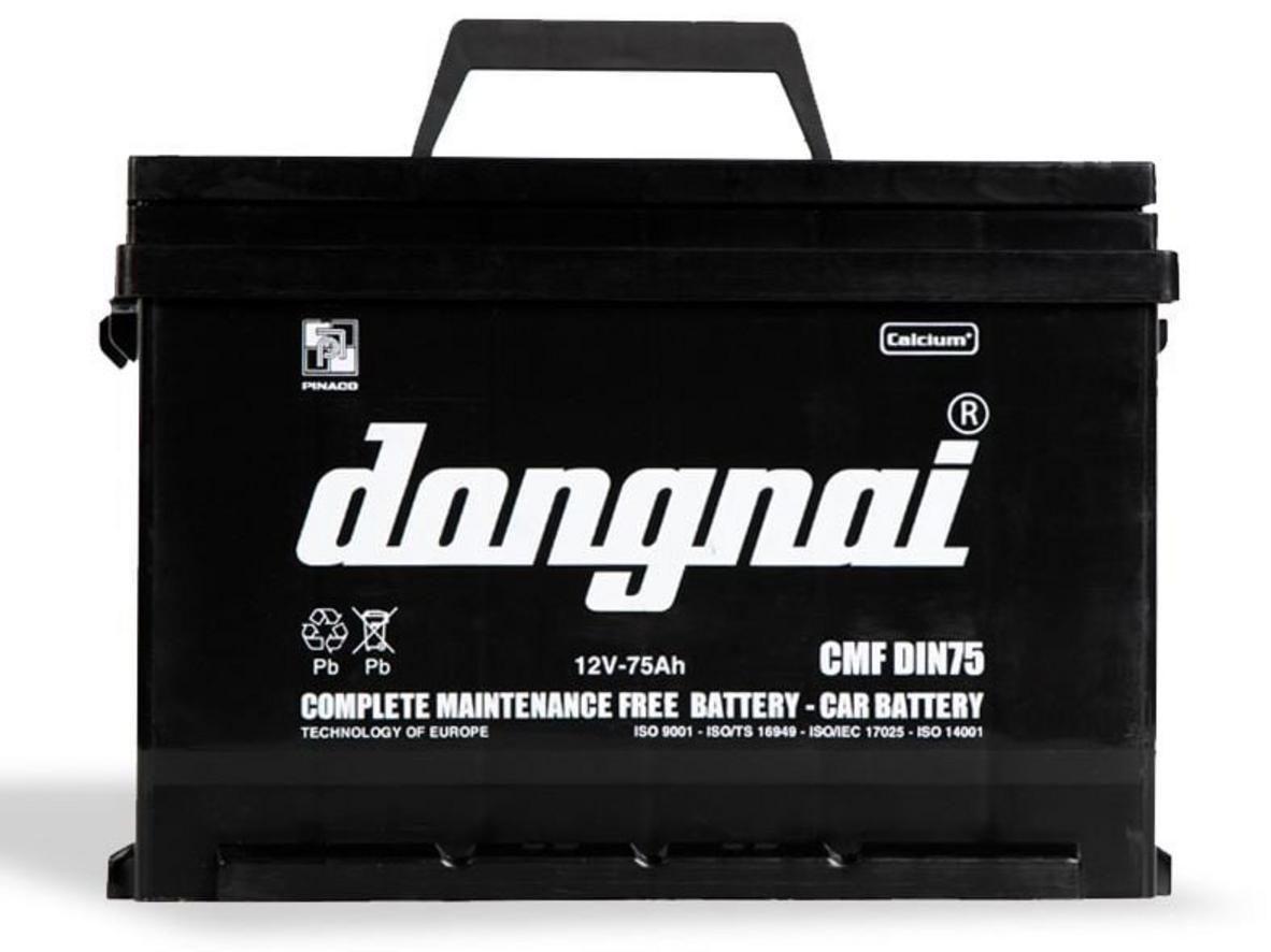 Ắc quy Đồng Nai CMF DIN75 — Khởi động mạnh, miễn bảo dưỡng. Hiển thị kích thước và mắt thần.