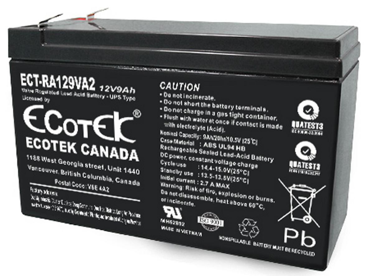 Ảnh thực tế Ắc quy Ecotek ECT-RA129VA2 (12V-9Ah) — kích thước nhỏ gọn, thích hợp cho UPS gia đình/văn phòng.