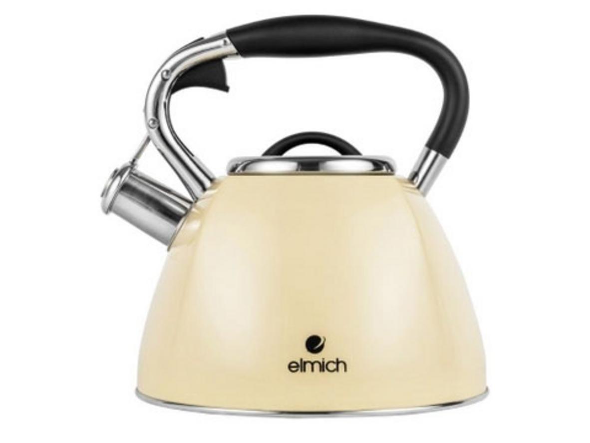 Ảnh chụp chính: Ấm Elmich EL8281 trên quầy bếp, hiển thị thân inox và còi báo sôi.