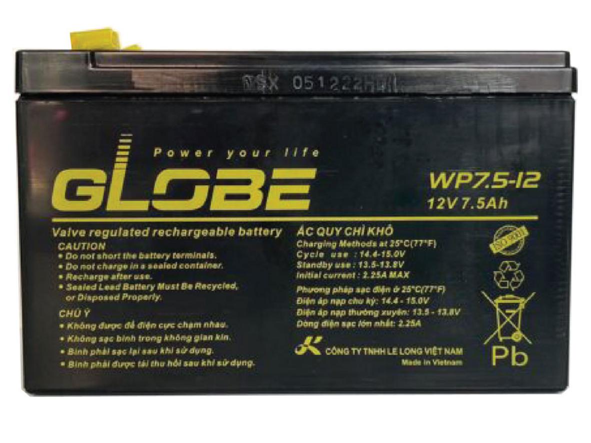 Globe WP7.5-12 — Ắc quy kín khí VRLA AGM, gọn nhẹ, không cần bảo dưỡng.