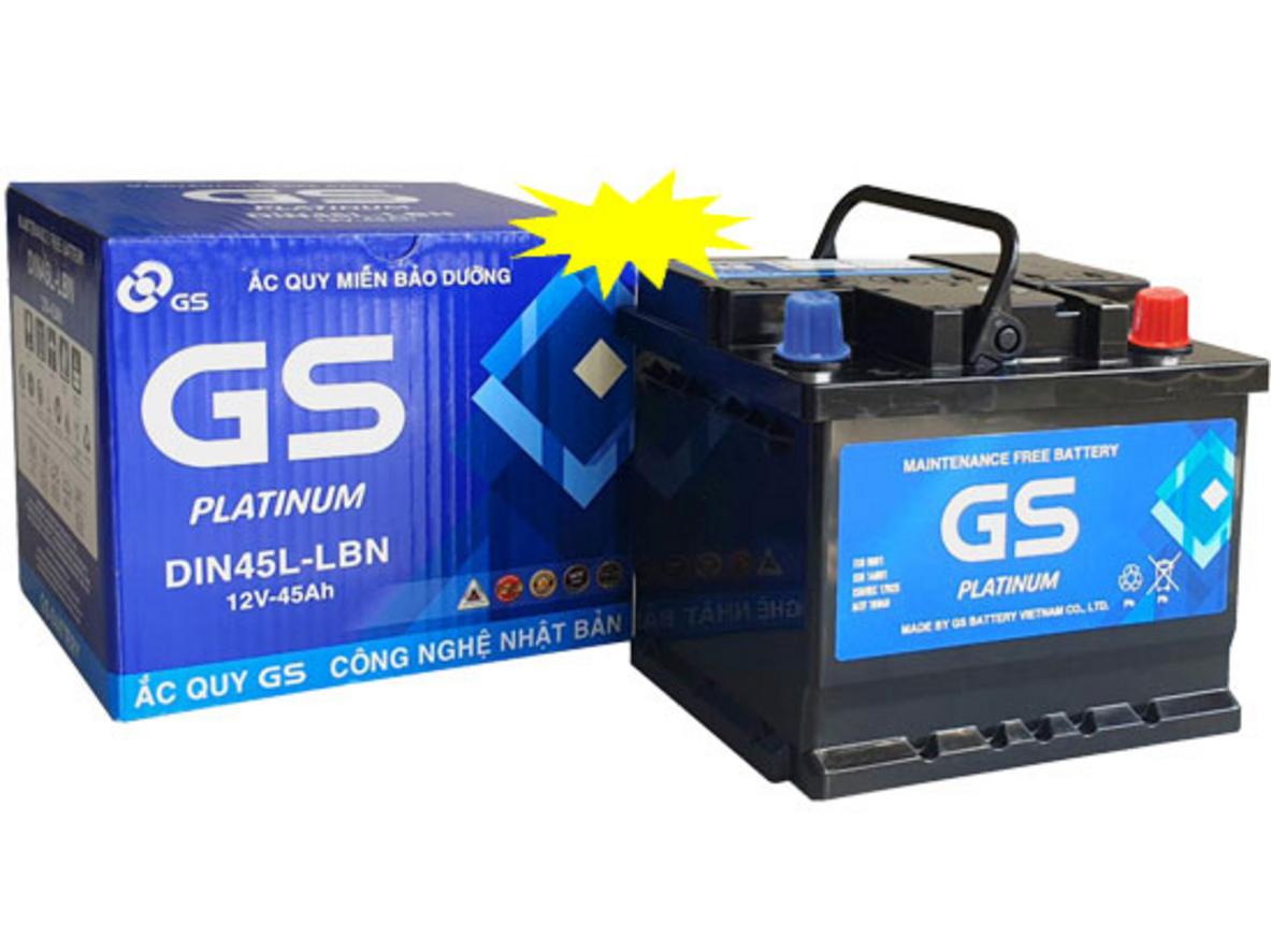 Ảnh sản phẩm thực tế Ắc quy GS MF DIN45L-LBN (12V - 45Ah) — chuẩn kích thước 207 x 175 x 175 mm.