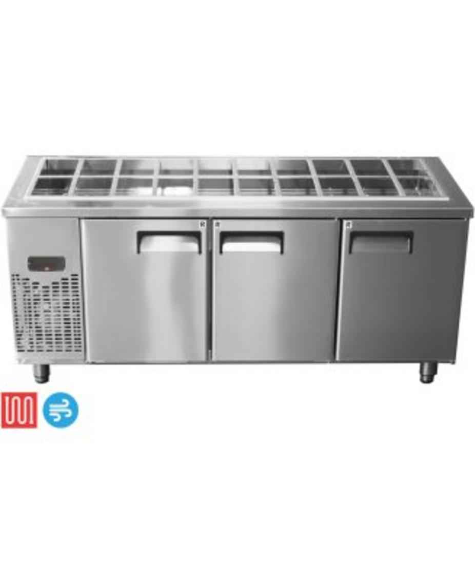 Tủ Bàn Salad HWA-1800SF: bàn sơ chế + tủ bảo quản full khay, kích thước 1.8m, thân inox sáng bóng.