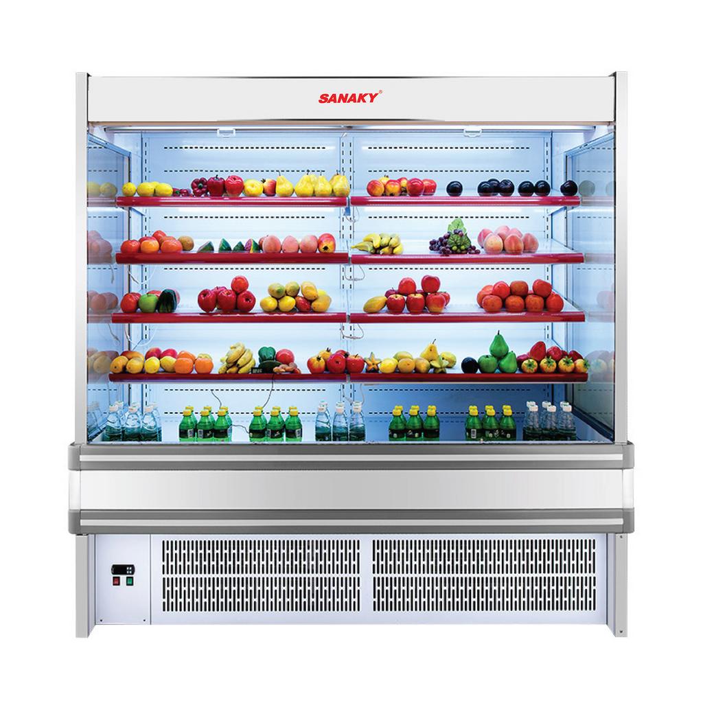 Tủ Mát Sanaky VH-25HPS trưng bày rau củ tươi — thiết kế mở, LED và kệ điều chỉnh.