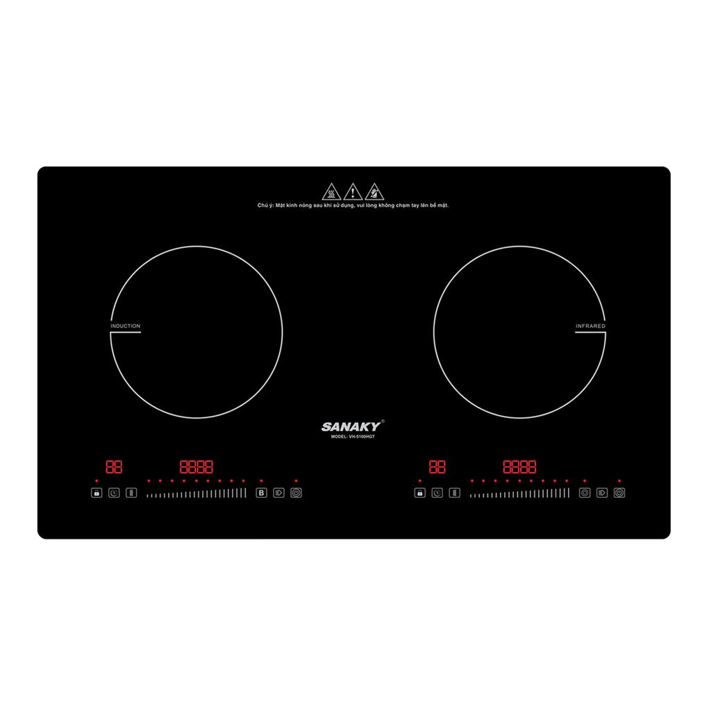 Bếp đôi Sanaky VH-5100HGT lắp âm bàn, mặt kính Ceramic bóng – nấu nhanh, dễ vệ sinh.