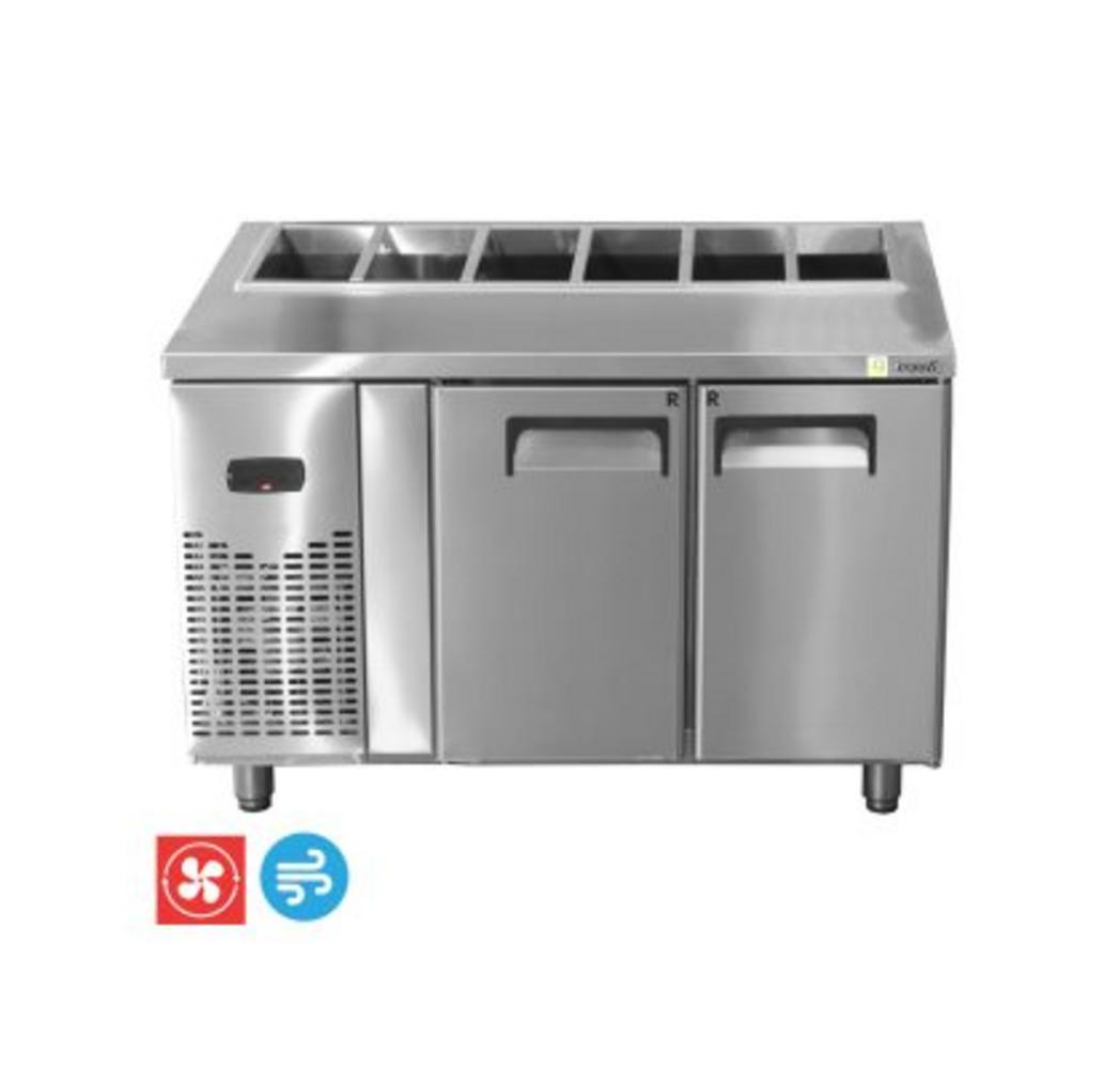 Tủ Bàn Salad HWI-1200SH: kết hợp bảo quản & sơ chế trên cùng một mặt bàn inox.