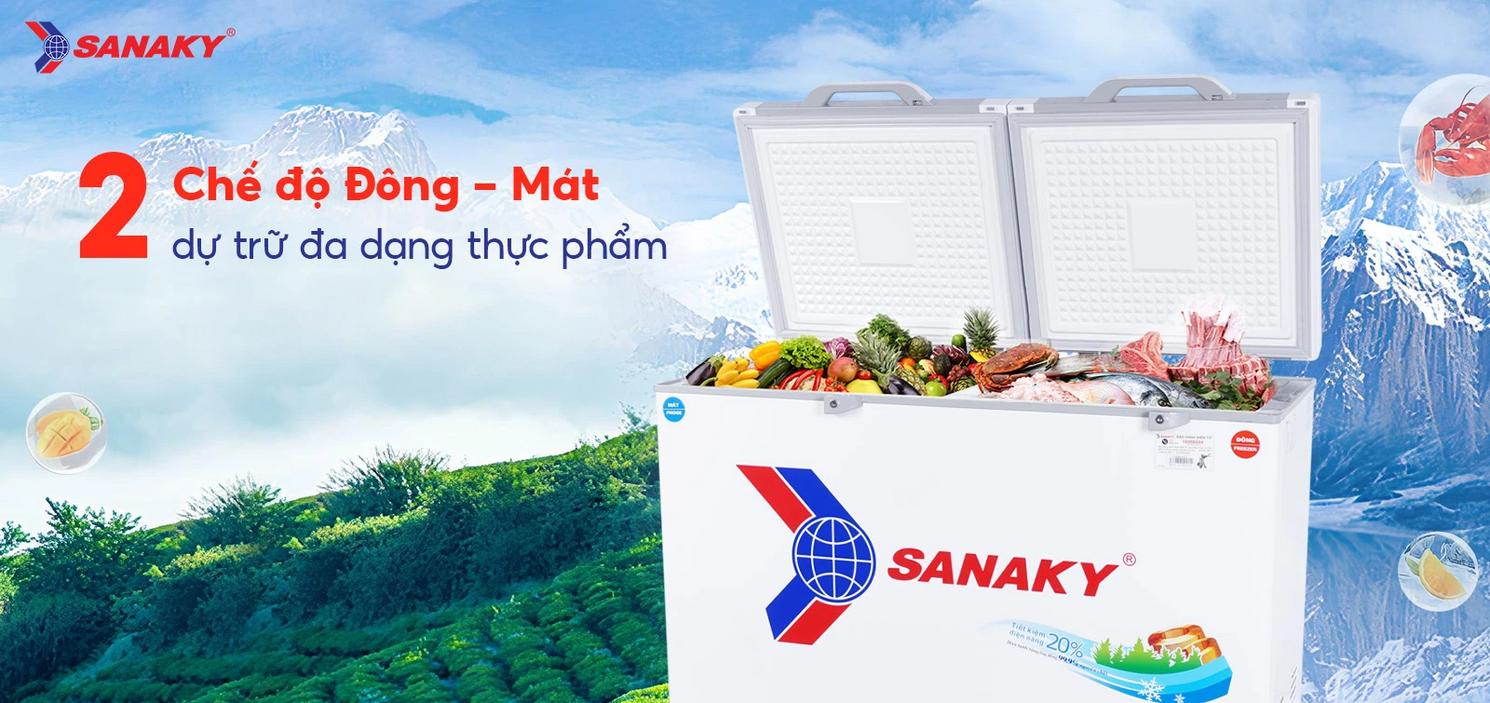 Ngăn đông sâu ≤ -28°C thích hợp trữ thịt cá. Image prompt: Frozen meat packs neatly arranged in the deep-freeze compartment with temperature display visible.