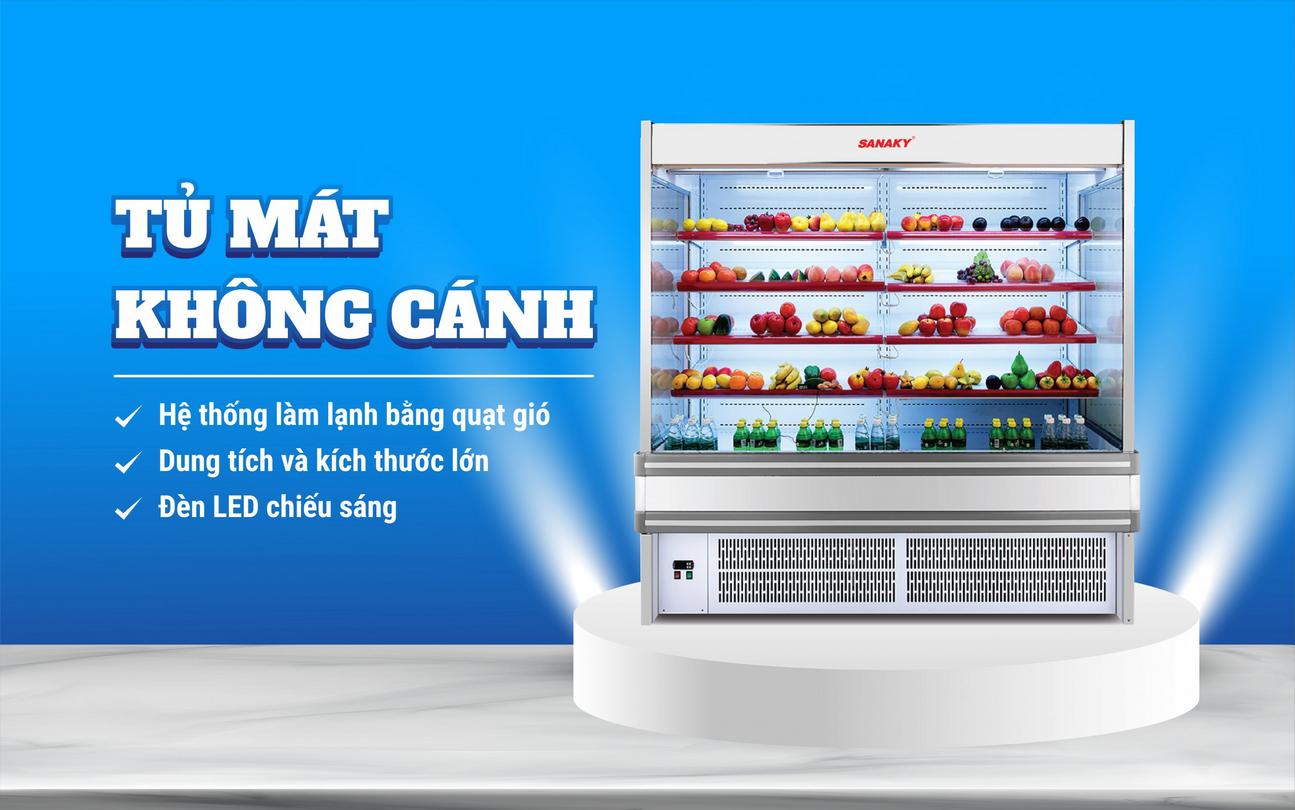 0–10°C, công suất 1860–2300W — phù hợp trưng bày rau củ và đồ uống.